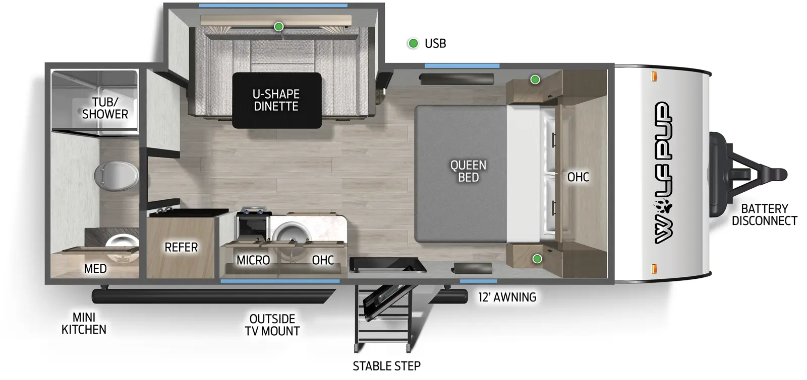 The Wolf Pup 16KHW floorplan has one entry and one slide out. Exterior features include: metal exterior, 12' awning and outside kitchen. Interiors features include: u-dinette, front bedroom and rear bathroom.